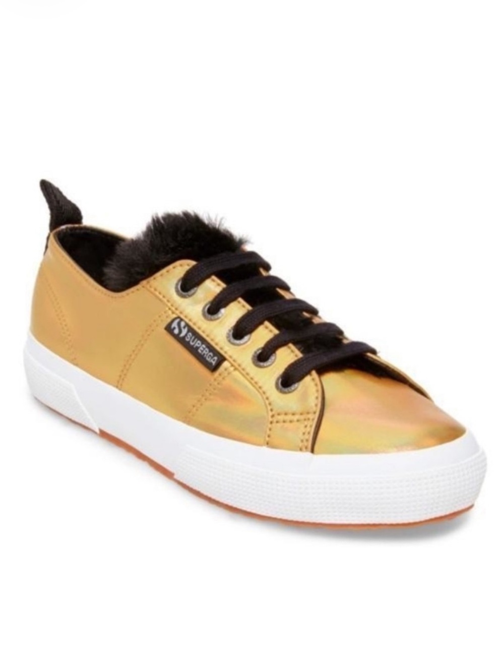Superga x Jocelyn Gold Lace Up Sneakers w Black Faux Fur Trim Size 7.5 EU 38 NWT